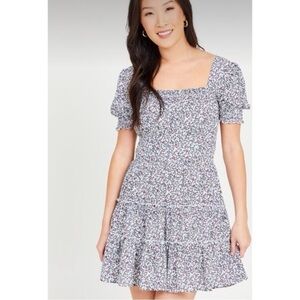 Altar’d State Jenny Floral Print Tiered Mini Dress Blue/White/Red Size Medium
